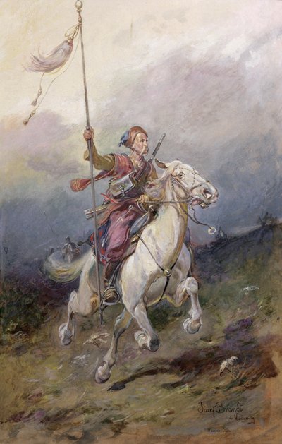 De Verkenner, een zeventiende-eeuwse Poolse cavalerist op een witte hengst door Jozef Brandt